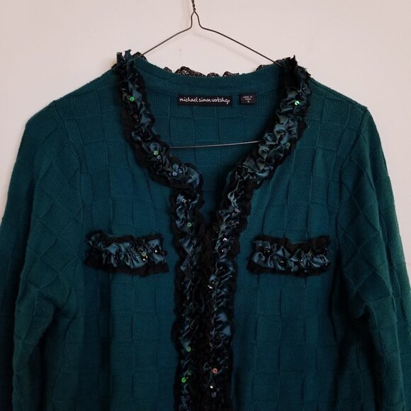 NEW Michael Simon 3D Check Pattern Beaded Cardigan - Picture 5 of 13